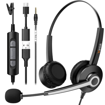Wantek USB Headset with Microphone for PC, Computer Laptop Headset with Call Answer Button for MS Teams & IP Phones, Lightweight Design & Memory Foam Cushions for All-Day Comfort