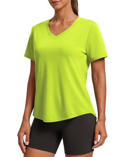 PINSPARK Tennis Shirts for Women Short Sleeve V Neck Moisture Wicking Workout Tops Quick Dry Athletic Gym Golf T-Shirts,Neon Green Large