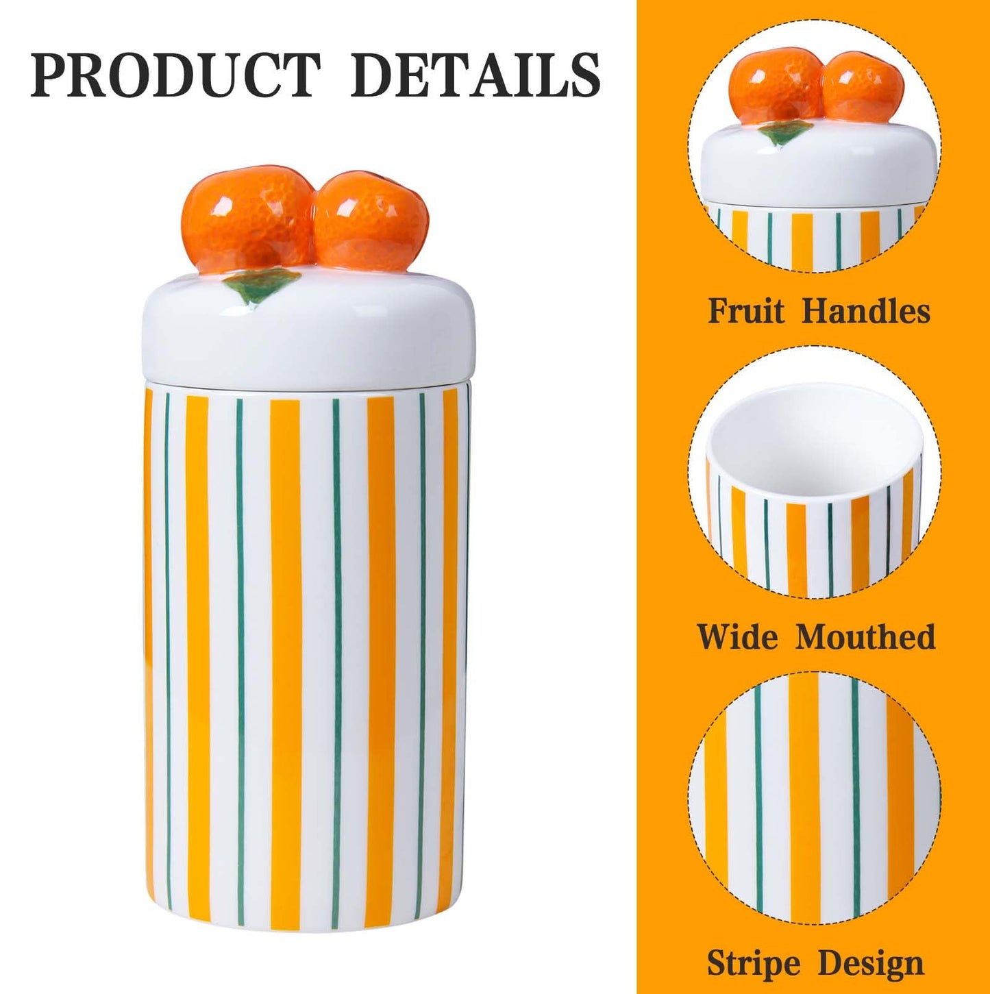Iryanthos Cookie Jar with Airtight Lid, 9.65" H Ceramic Food Storage Containers for Kitchen Countertop Decor, Personalized Striped Jars with Orange-shaped Lid, For Candy Tea Coffee Spices Nut Honey