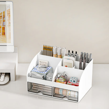 COMFYROOM Desk Organizer with 6 Compartments and 2 Drawers, Plastic Makeup Organizer, Pen Holder for Desktop Storage, Desk Organization for School, Home, Office Supplies (White)