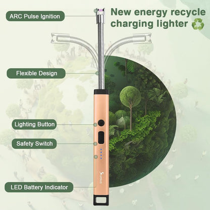 SUPRUS Rechargeable Candle Lighter Electric Arc Triple Safety Long Lighter Stainless Steel Shell & Hanging Hook (Peach Fuzz)