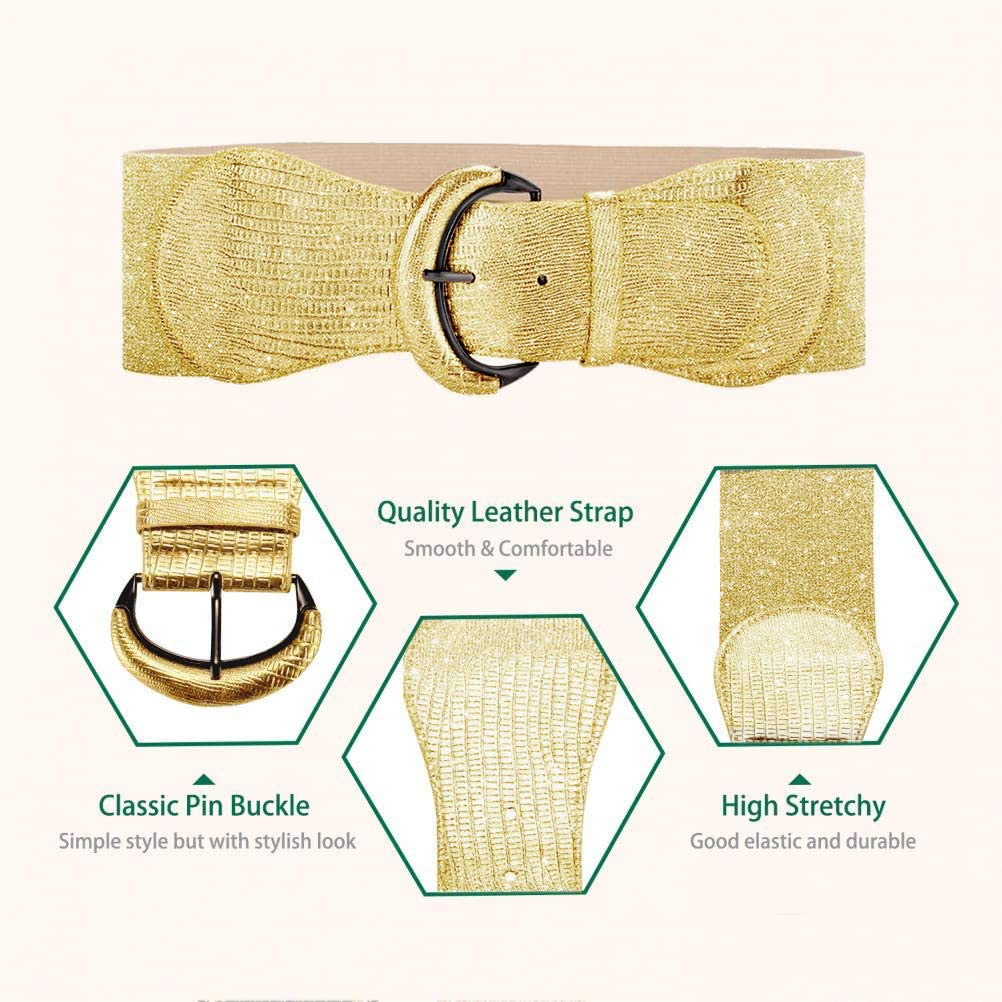 VOCHIC PU Leather Elastic Gold Wide Belt for Women Ladies Dress Stretch Thick Waist Belts