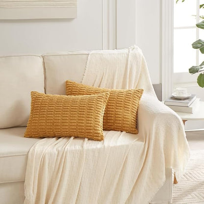 Fancy Homi Mustard Yellow Lumbar Decorative Throw Pillow Covers 12x20 Inch for Living Room Couch Bedroom, Soft Corduroy Rectangle Cushion Case 30x50 cm, Rustic Farmhouse Home Decor