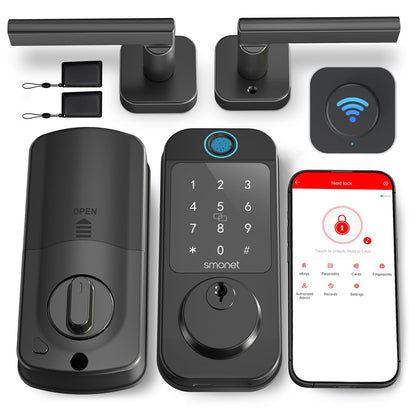 Keyless Door Lock with Handle Set - SMONET WiFi Fingerprint Smart Locks for Front Door, App Remote Control, Digital Bluetooth Keypad Deadbolt Set with Alexa, Auto Lock, Code, Fobs for Home Black