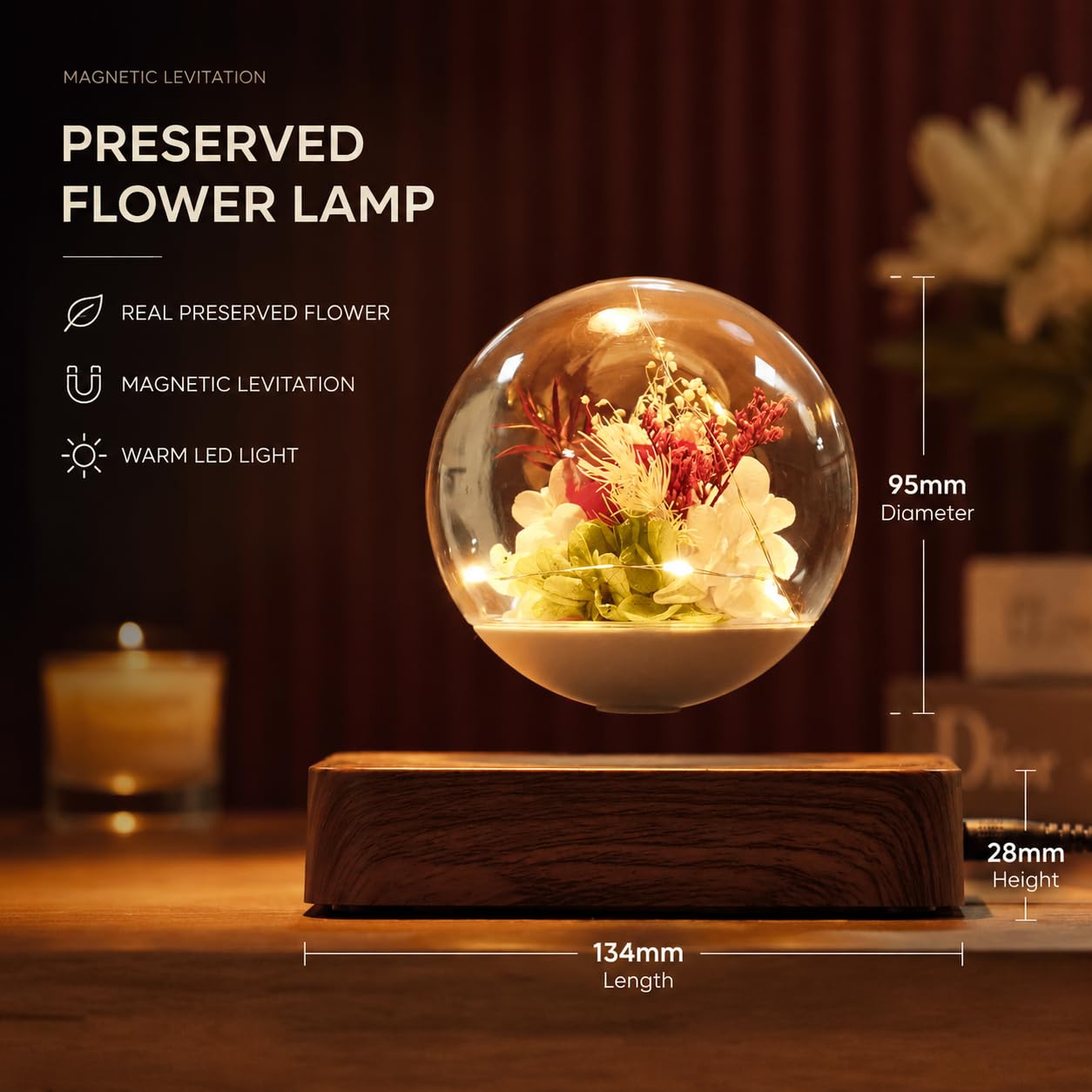 MAGECMOON Magnetic Levitation Preserved Flower, Forever Real Eternal Roses, Floating Lamp Levitating LED Light Bulb, Gifts for Kids Lover Friends (Dark Brown Base, 5.5"*5.5" (Plastic))