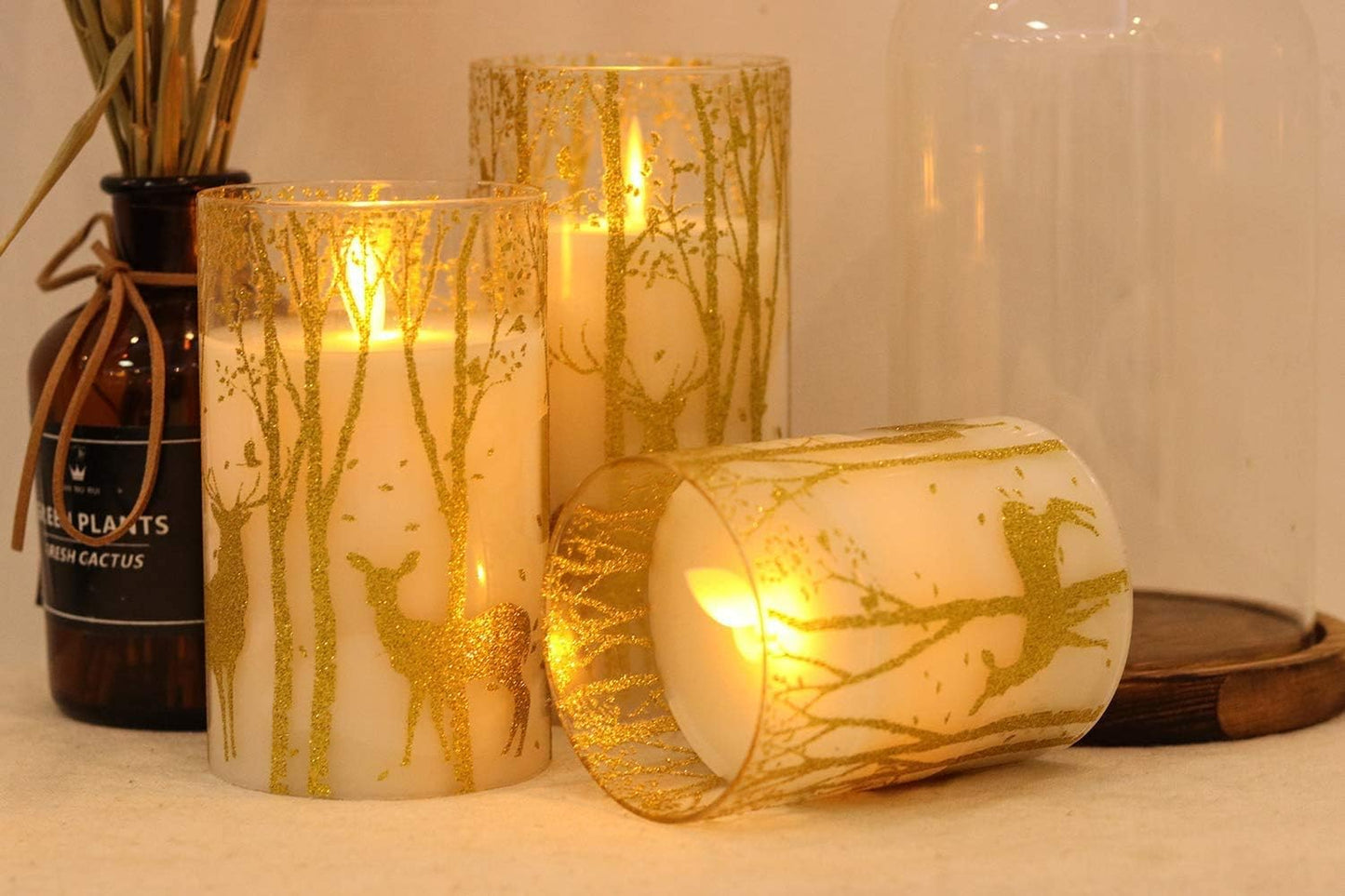 GenSwin Glass Flameless Candles Flickering with Deer Decor and Remote Timers, Battery Operated Moving Wick Led Light, Set of 3 Real Wax Pillar Candles for Christmas Home Decoration