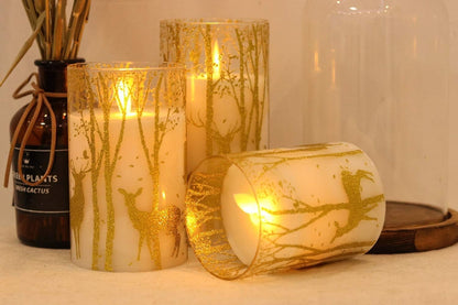 GenSwin Glass Flameless Candles Flickering with Deer Decor and Remote Timers, Battery Operated Moving Wick Led Light, Set of 3 Real Wax Pillar Candles for Christmas Home Decoration