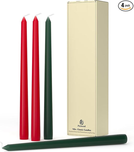 10-Inch Tall Dripless Taper Candles Set of 4 - Red and Green Tapered Candles, Perfect for Christmas - Smokeless, Unscented, Long Burning - Hand Poured, Colored Tall Candlesticks - Christmas