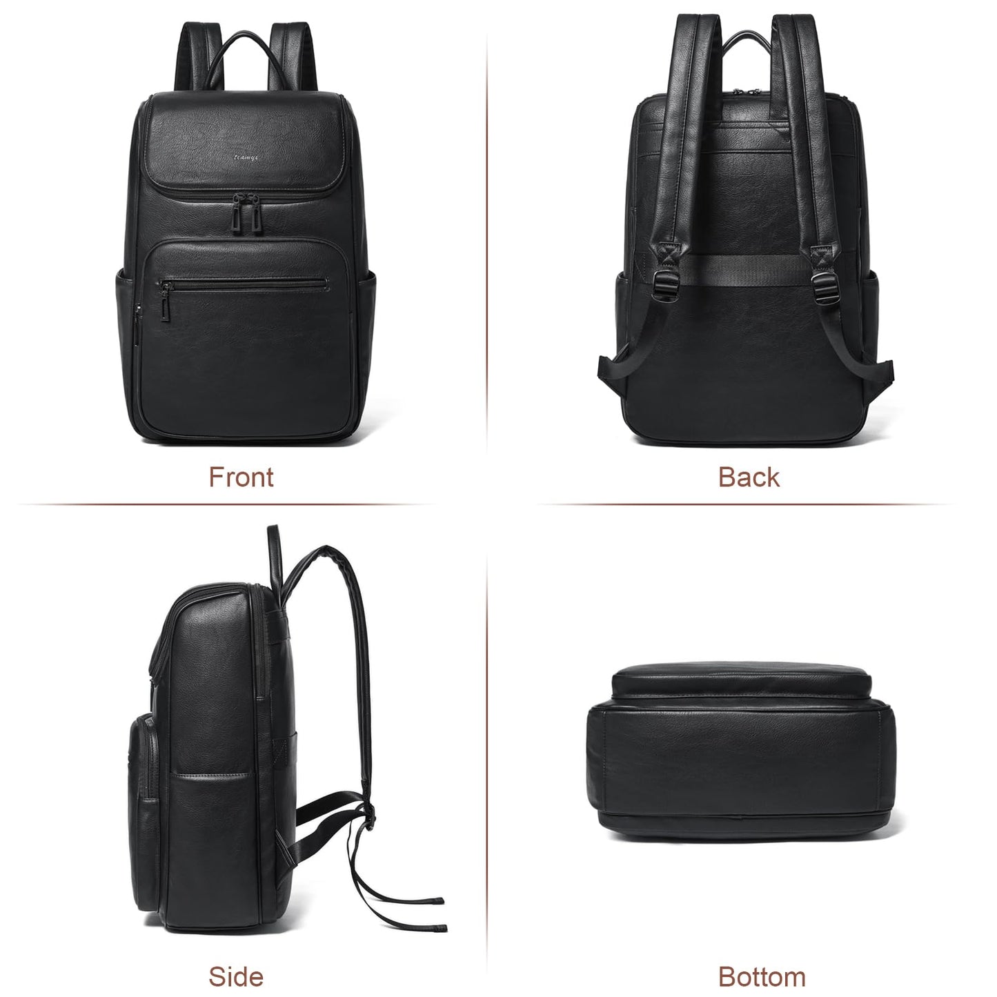 tiamyi leather travel backpack for men and women, flap top laptop backpack fits 17.0 inch computer with luggage strap and separate padded compartment, black