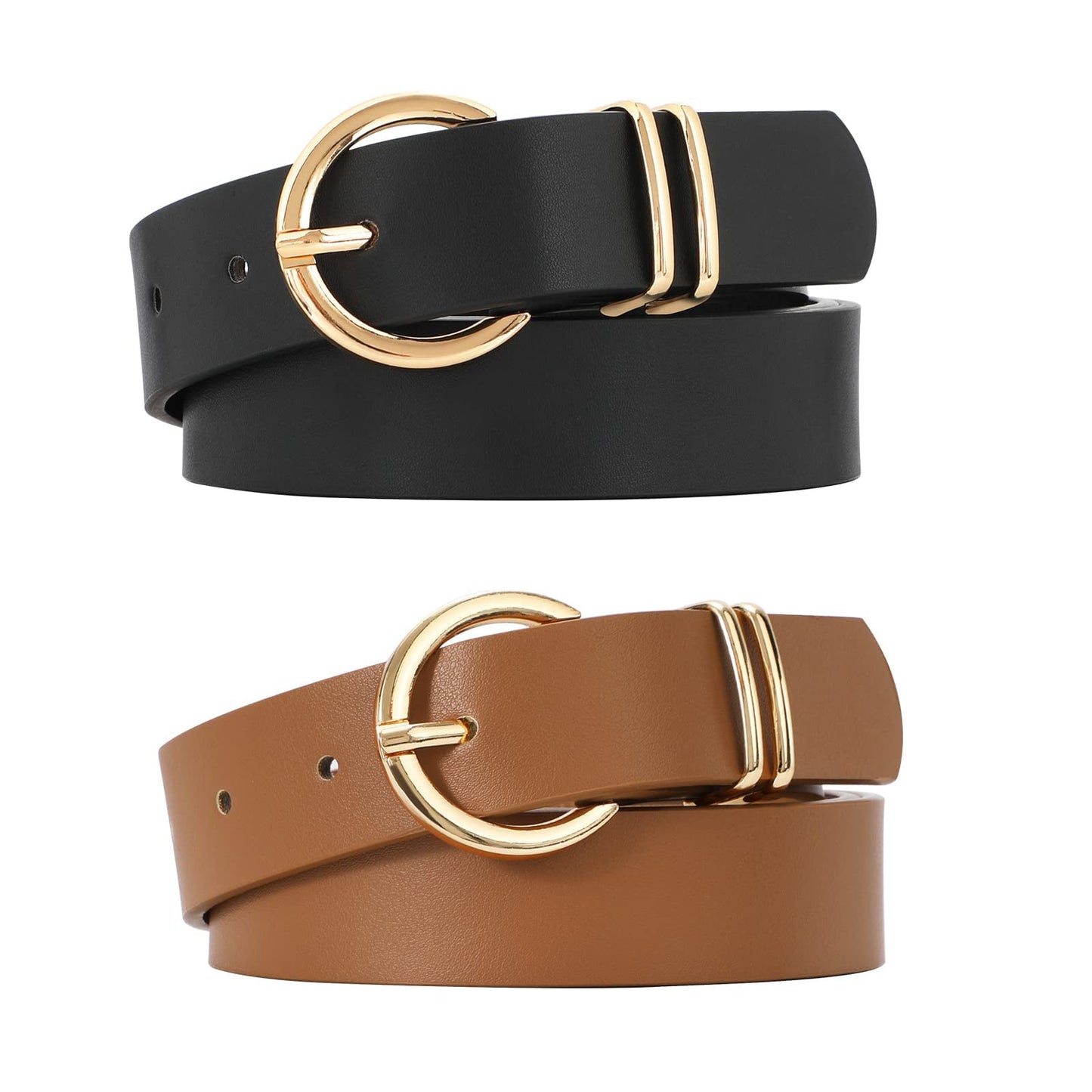 VONMELLI 2 Pack Women's Leather Belts for Jeans Pants Fashion Gold Buckle Ladies Belt Black Brown L