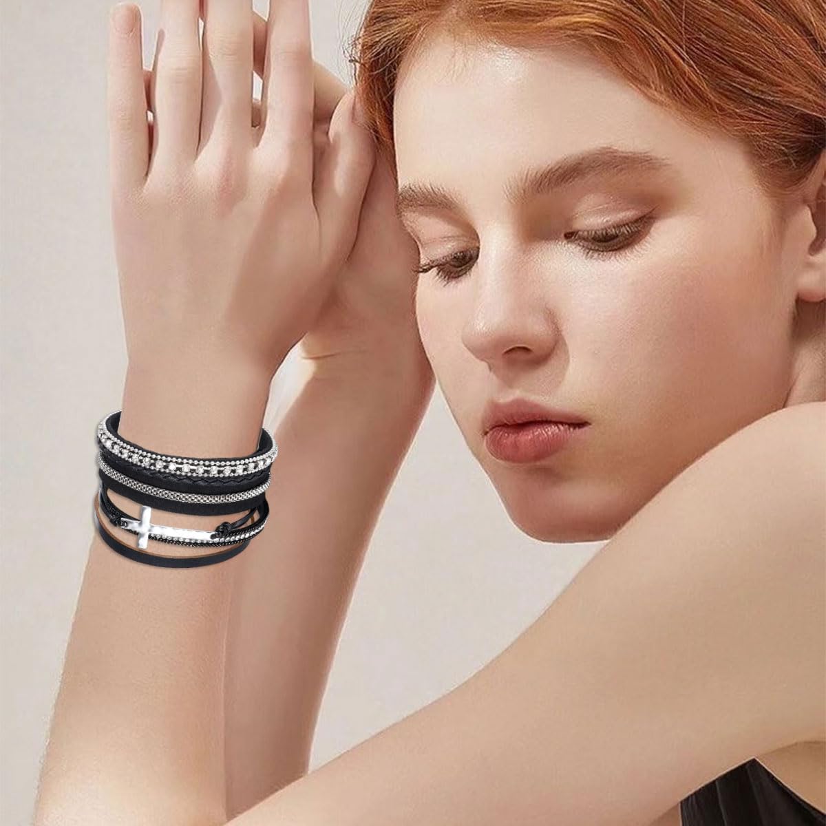 CARICY Cross Bracelets Leather Wrap Bracelets for Women Trendy Layered Clasp Bangle Cuff Stacked Bracelet Jewelry Birthday Christmas