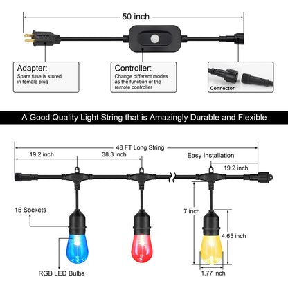 Mlambert 48FT Outdoor Patio Lights Waterproof Dimmable with Remote, RGB Cafe LED String Light with 15 Shatterproof Bulbs for Bistro Party-Black 1 Pack