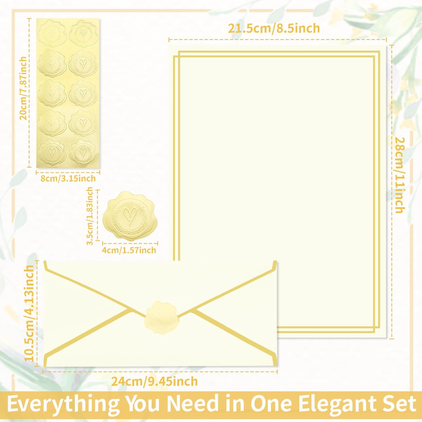 Zooyinfy 30 Pack Stationery Paper Set with Gold Border Including #10 Business Envelopes and 8.5x11 Paper Sheets 30 Gold Stickers for Love Letters and Party Invitations (Cream Color)