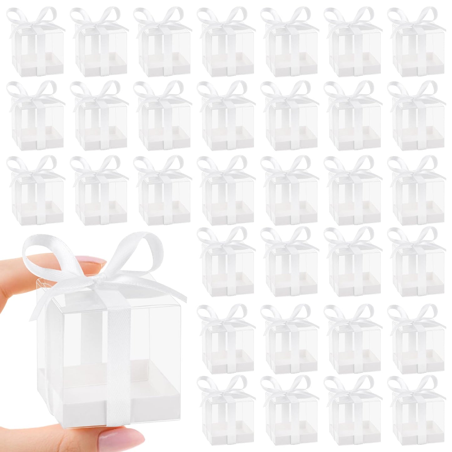 Hxezoc 50 Pack Favor Boxes, 2x2x2 Inches Clear Candy Treat Boxes with White Ribbons, Mini Plastic Gift Boxes for Wedding, Birthday Party, Baby Shower, Classroom Decoration Supplies