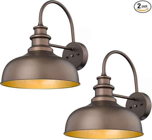 Bestshared 14 Inch Dusk to Dawn Gooseneck Barn Lights Farmhouse Outdoor Wall Sconce Industrial Exterior Wall Lighting Fixture Vintage Porch Lantern Lamp for Patio,Garage,Front Doo(ORB+Gold, 14"-2Pack)