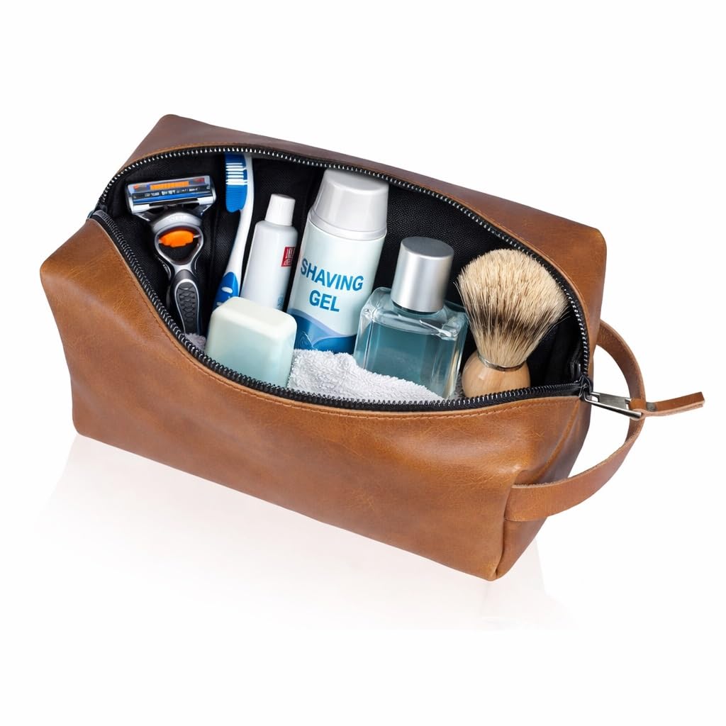 cuero Buffalo Leather Dopp Kit for Men and Women, Travel Toiletry Bag, Shaving and Cosmetic Organizer with Zipper Closure, Tan