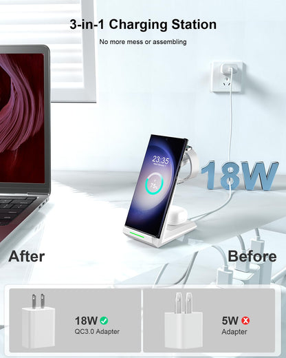 Wireless Charger for Samsung - NANAMI 3 in 1 Charging Station for Multiple Devices, Fast Charger Stand for Galaxy S25 S24 S23 Ultra S22 S21 Z Flip Fold 4,Galaxy Watch 6/5/5 Pro/4/3, Galaxy Buds 2 Pro