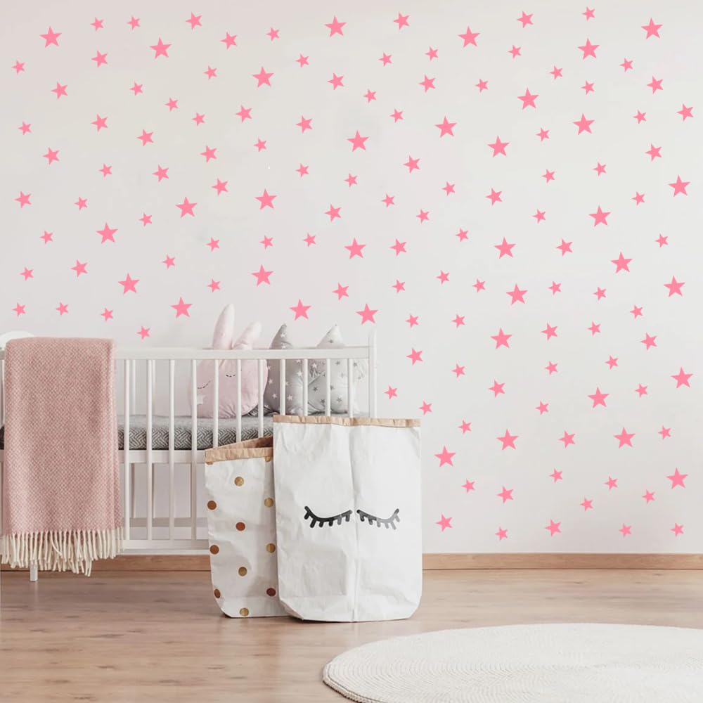 Wall Decals Baby Pink Stars for Kids Room, 3-4-5centimeter Mix 112 Pcs, Easy to Peel Easy to Stick, Safe On Walls and Paint, Vinyl Decor by Bugybagy. (Matte Baby Pink)