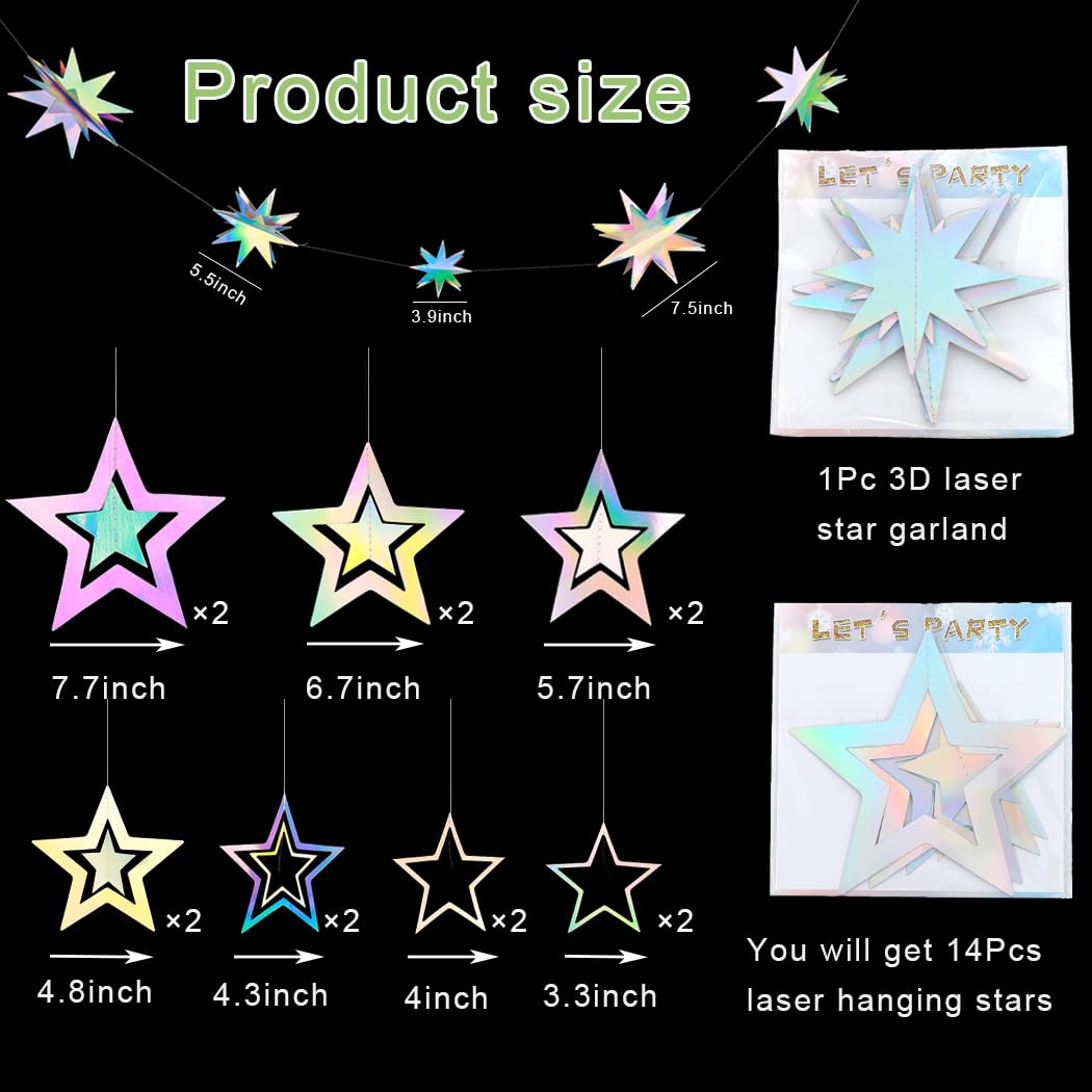 Goresory Star Party Decoration 3D Laser Streamer Backdrop Banner Iridescent Party Supplies Holographic Little Stars Garlands for Birthday Baby Shower Graduation Wedding