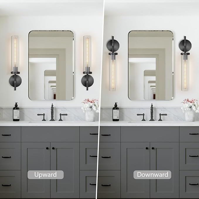 Matte Black Wall Sconce 19.48" Industrial Wall Lamp with Clear Glass Tube, Bathroom Vanity Lighting & Bedroom Hallway Staircase Sconces, Garage Entryway Porch Light Fixture(Including Bulb)