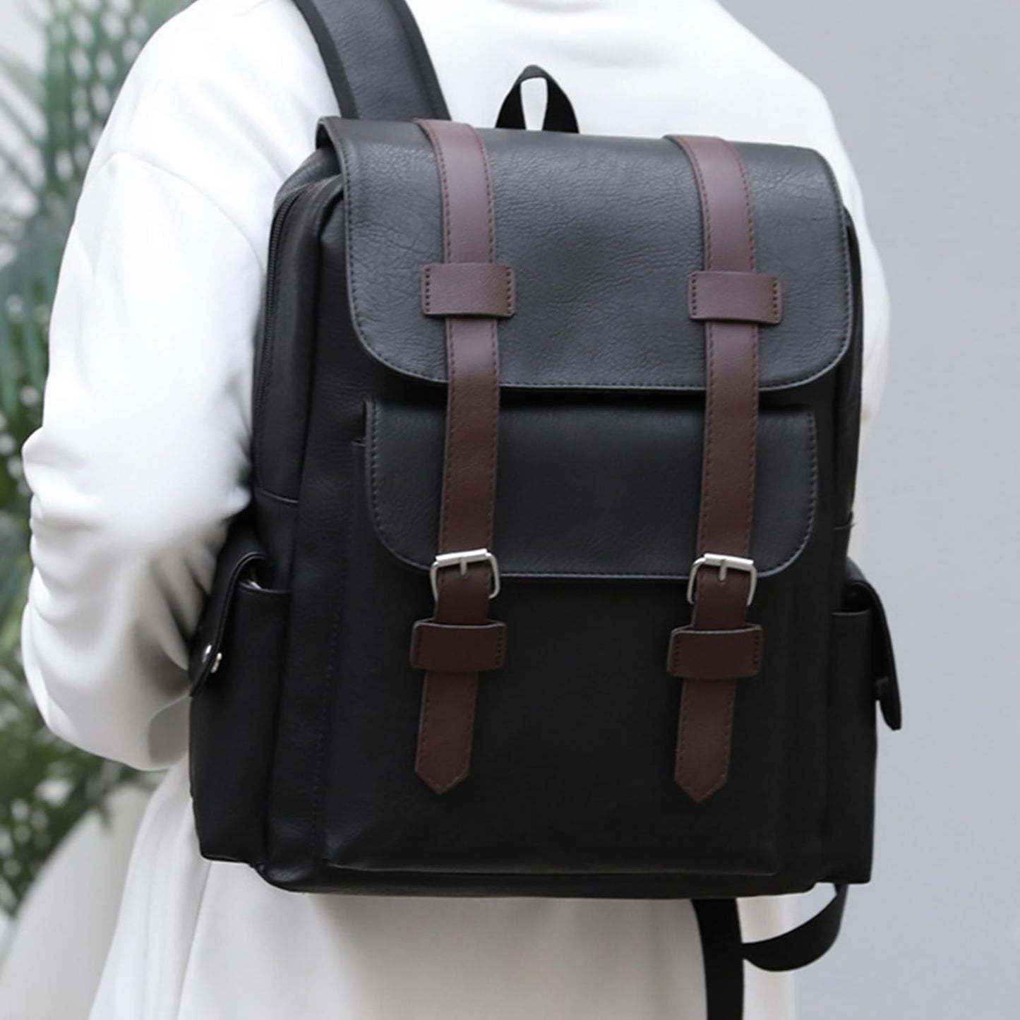 Farcauo Leather Backpack for Men Vintage Laptop Backpack Black Travel Work Backpacks Large Capacity Business Hiking Back Pack