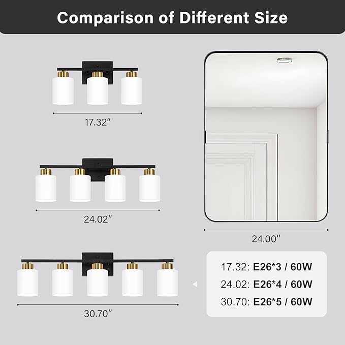Black and Gold Bathroom Light Fixtures, 5-Light Modern Vanity Light Over Mirror, Wall Sconces with Milky White Frosted Glass Shades, E26 Socket (Bulbs Not Included)