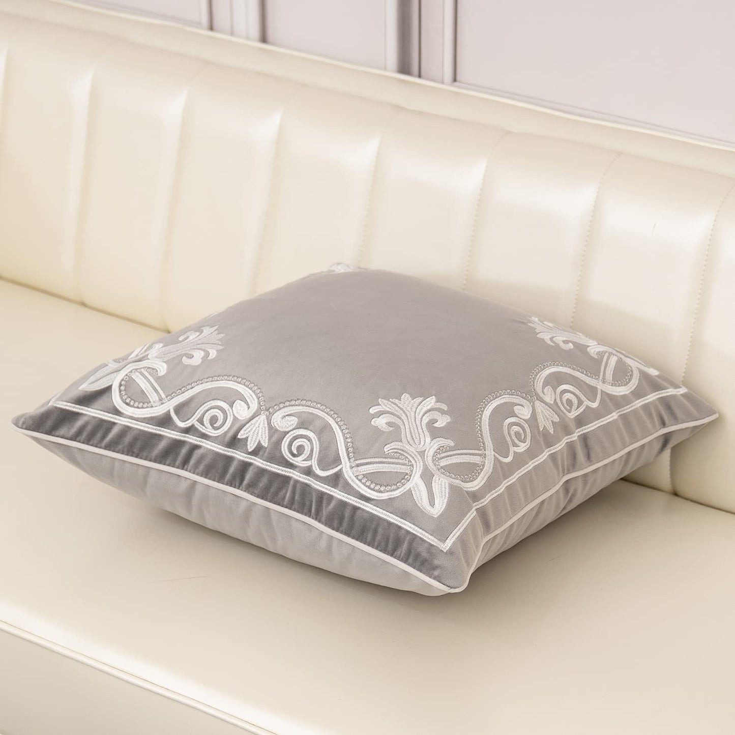 Aeckself European Floral Pillow Cover 18x18 Inch, Luxury Velvet Embroidered Decorative Throw Pillow Cover for Couch Bedroom Living Room, Grey and White