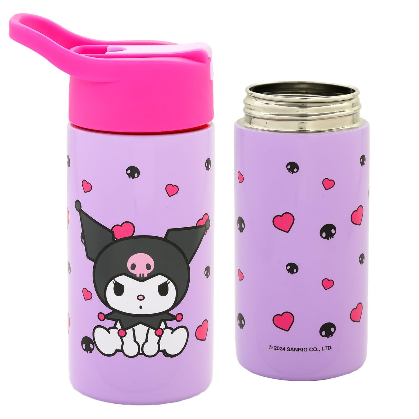 SANRIO Kuromi Stainless Steel Water Bottle for Girls - Bundle with 14 Oz Kuromi Drinking Cup For Home, School, and Sports, Plus Stickers, More Water Bottle with Straw
