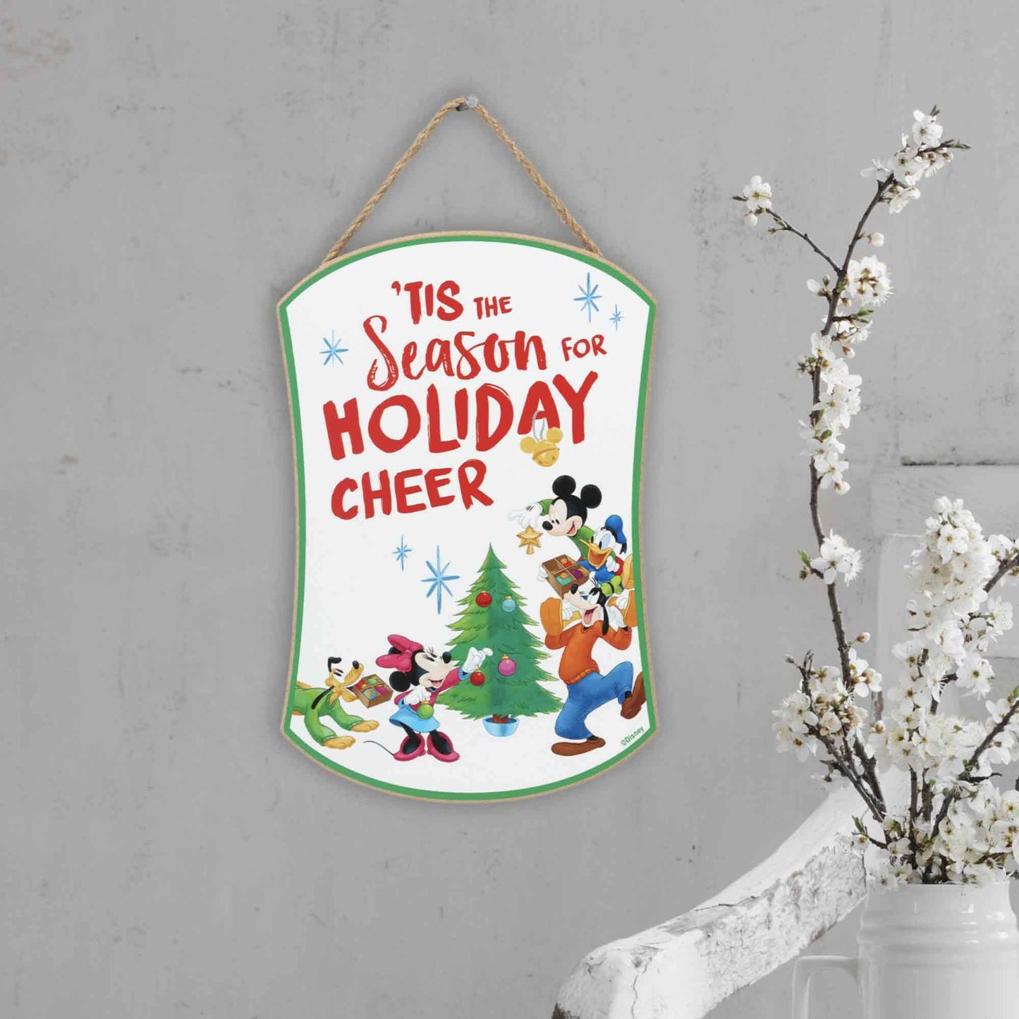 Open Road Brands Disney Mickey Mouse and Friends Holiday Cheer Hanging Wood Wall Decor - Cute Mickey Mouse Christmas Sign