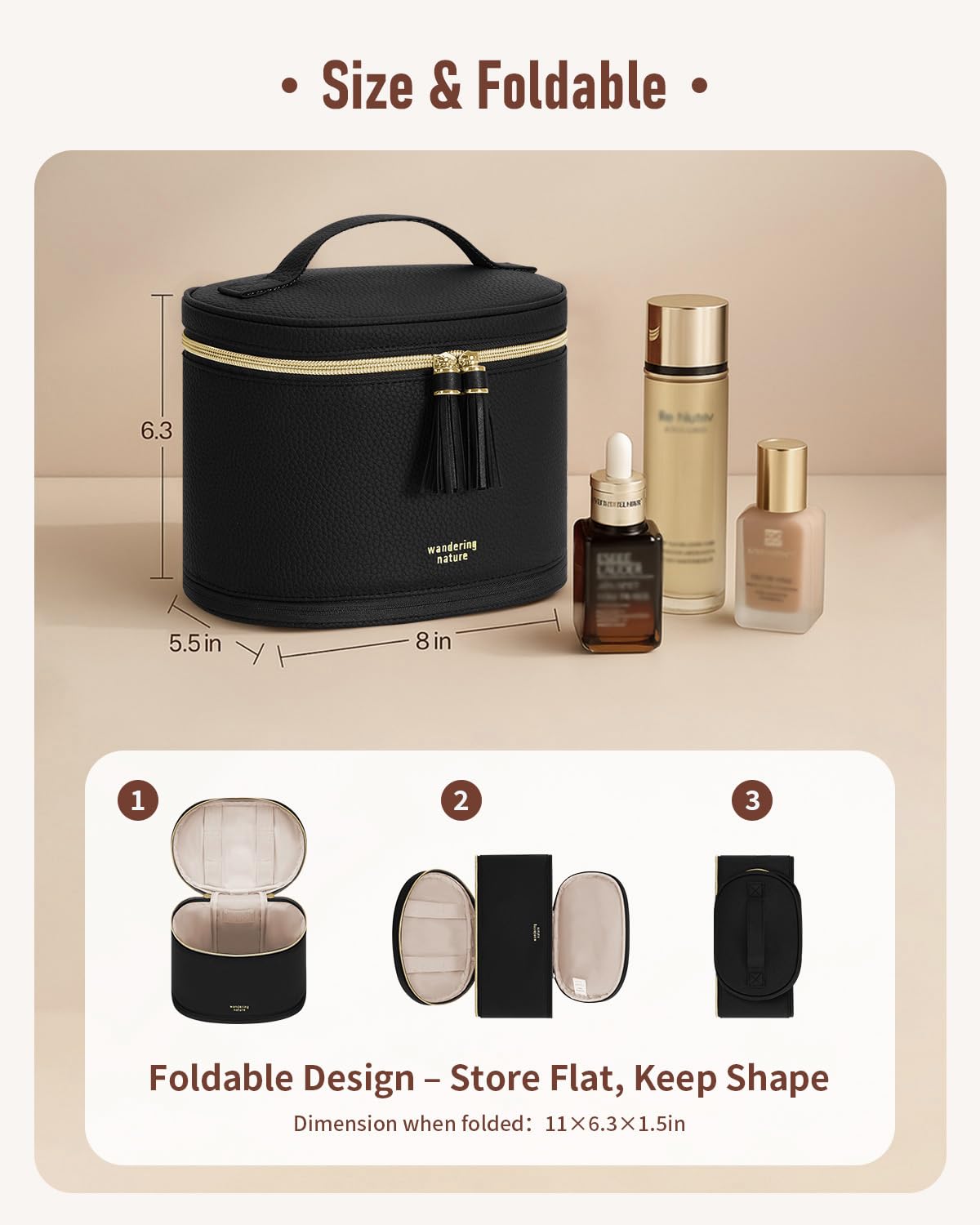 Wandering Nature Travel Makeup Bag for Women, Structured Vanity Case with Wipe-Clean EVA Interior & Removable Divider, Brush Loops, Fold-Flat PU Leather Makeup Case with Handle