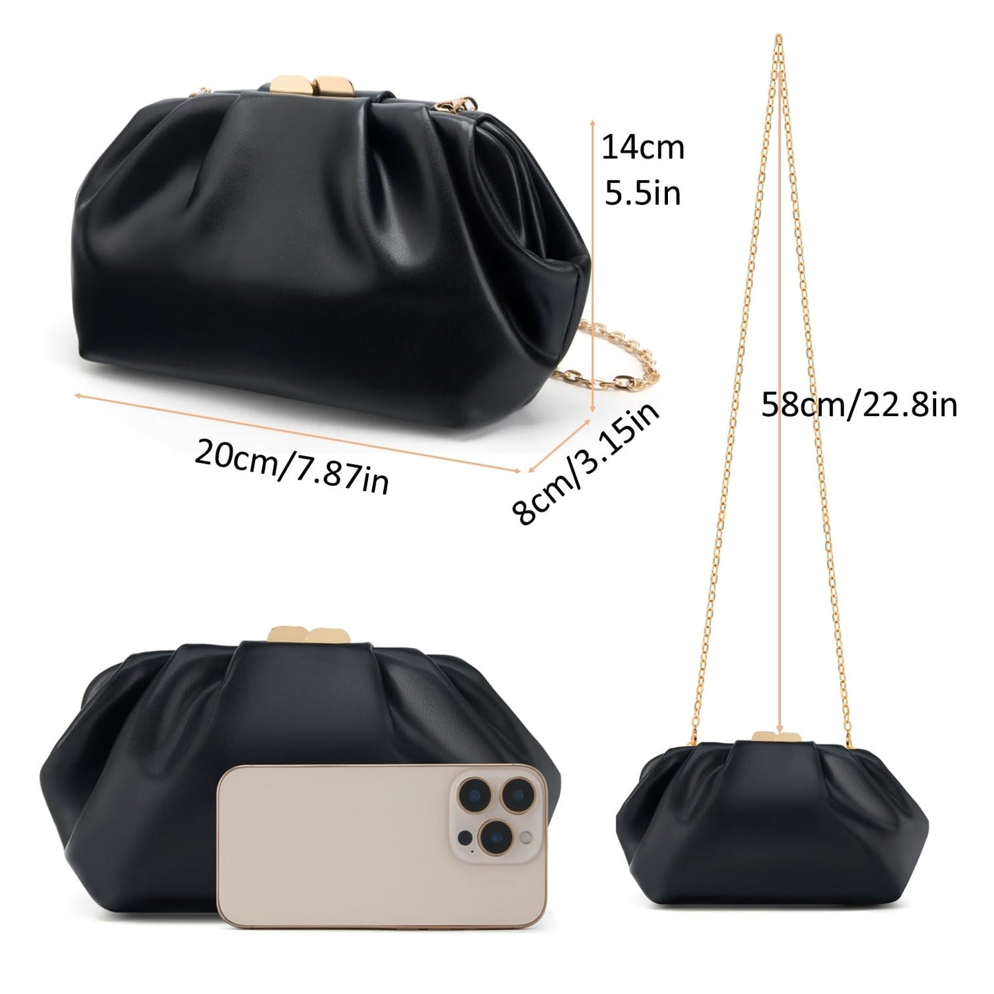 DETARA Vegan Leather Clutch Purse for Women Formal Soft Pleated PU Clutch Elegant Evening Bag Wedding Party and Prom (Black 933)