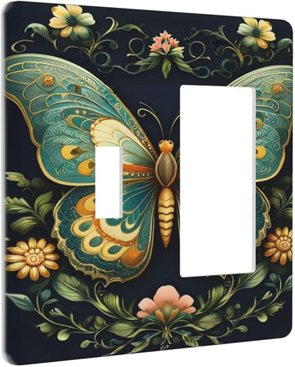 Butterfly, Ornate, Floral Design, Symmetrical, Detailed, Intricate Pattern, Vibrant Colors, Teal, Orange, Yellow, Dark Background, Decorative Art, L
