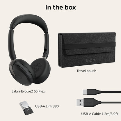 Jabra Evolve2 65 Flex Stereo Headset with Bluetooth, Wireless Charging Pad - Noise-Cancelling ClearVoice Technology & Hybrid Active Noise Cancellation - Certified for Microsoft Teams - Black