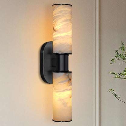 22.2" Alabaster Wall Sconce, Brass Bathroom Wall Sconce, Spanish Natural Marble Sconces Modern Wall Lights Lamps for Bedroom Living Room Stairs Indoor Hallway Vanity, Black