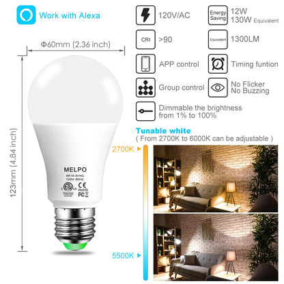 MELPO Alexa Light Bulb 130W Equivalent, Smart Light Bulbs Warm White to Daylight Tunable, A19 E26 Bluetooth LED Bulbs Controlled by BRmesh APP and Alexa only, Timing, Flicker-Free（8 Pack (8)