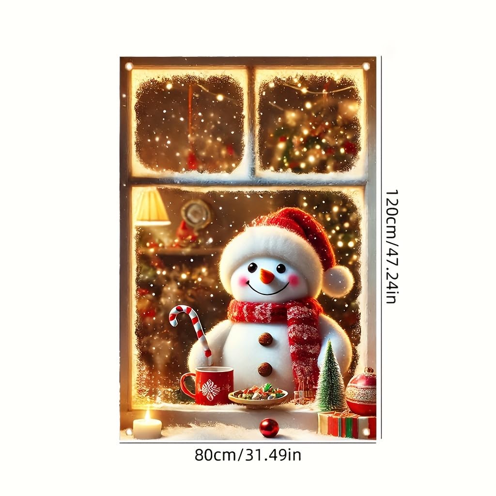 Tomhong Christmas Snowman Window Banner 31x47 Inch Holiday Decoration Cozy Indoor Outdoor Home Wall or Window Display with Snowy Scene and Warm Lights