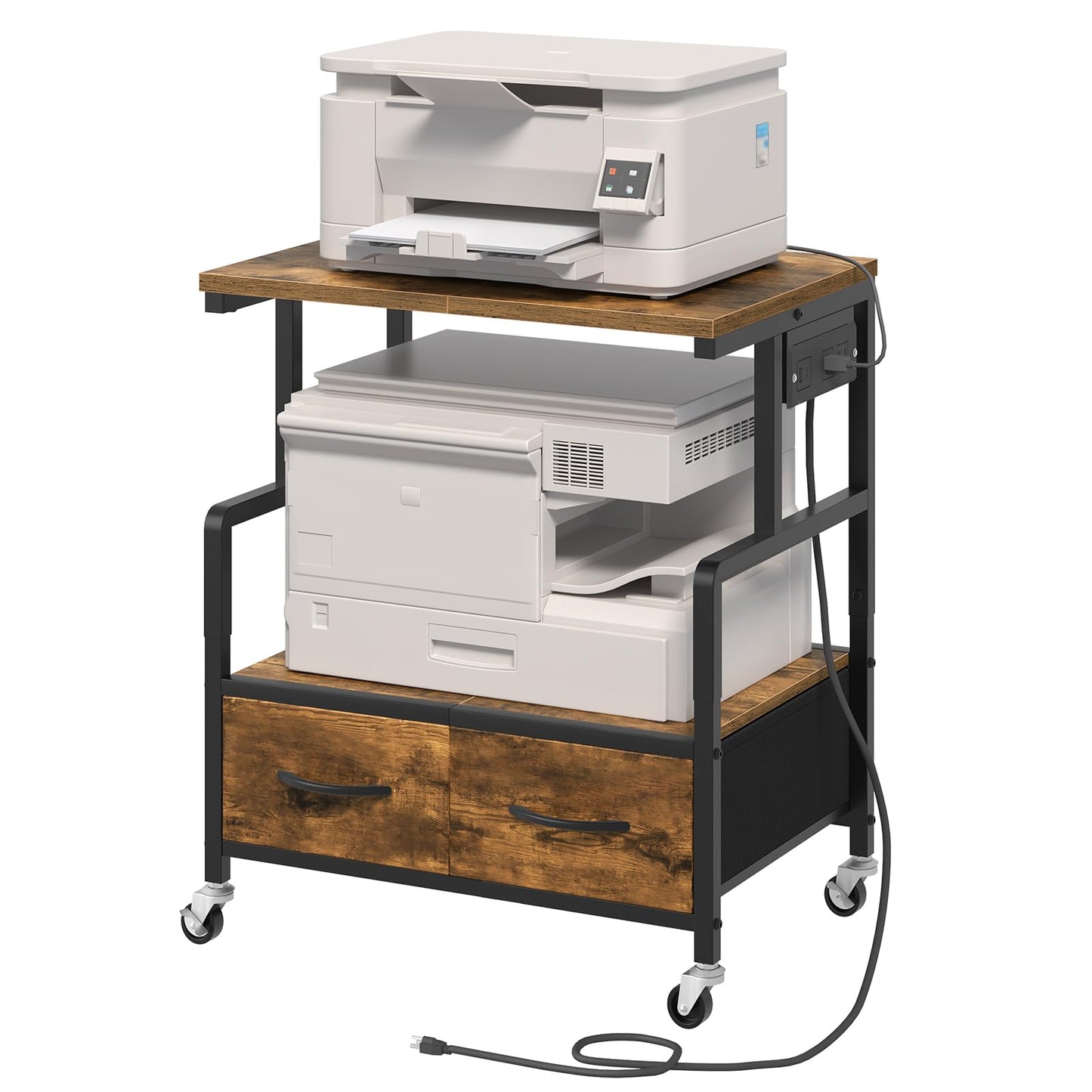 YATINEY Printer Stand, 3 Tier Printer Cart with Power Outlet and Fabric Drawers, Industrial Mobile Printer Table on Wheels, Printer Stand with Storage for Home Office, Study, Living Room PS03BR
