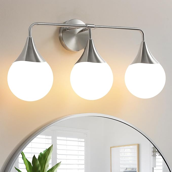 Bathroom Vanity Light Fixtures: Brushed Nickel 3-Light Mid Century Modern Bathroom Lighting Fixtures Over Mirror - Wall Sconce with Milky White Globe Glass for Bath Living Room