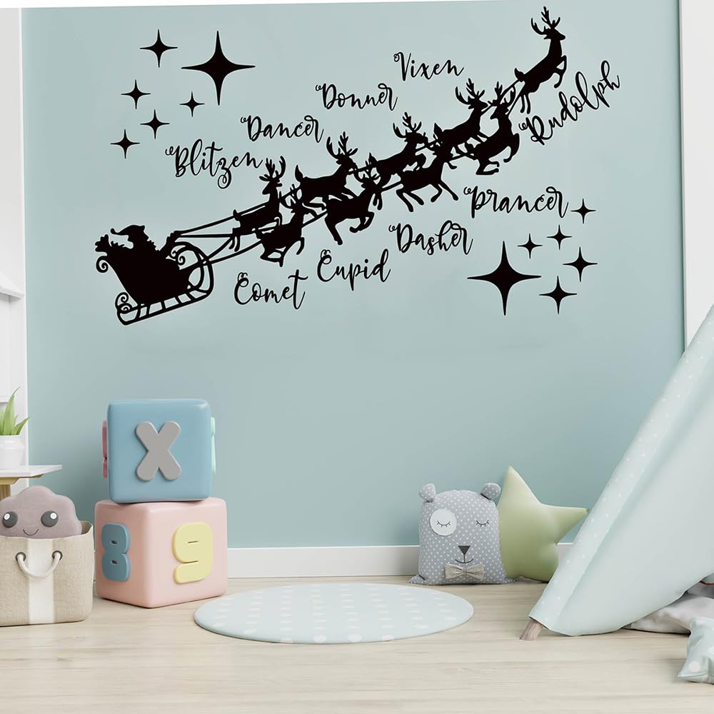 Christmas Wall Decal with Santa's Sleigh and Reindeer Names, 22.5 x 15.2 inches, Holiday Home Decoration (Black) MC054
