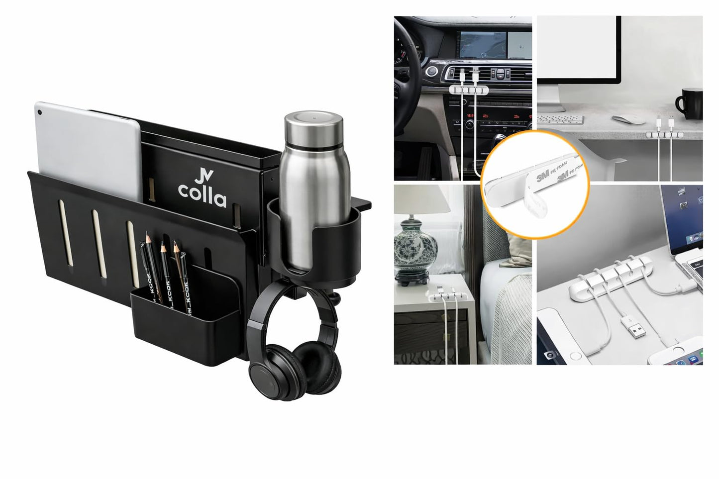 JVCOLLA Desk Side Storage Organizer Clamp On – Side Desk Organizer Kit with Cup Holder, Magnetic Cable Organizer & Accessory Magnet, Hanging Desk Organizer for Home Office & Standing Desk