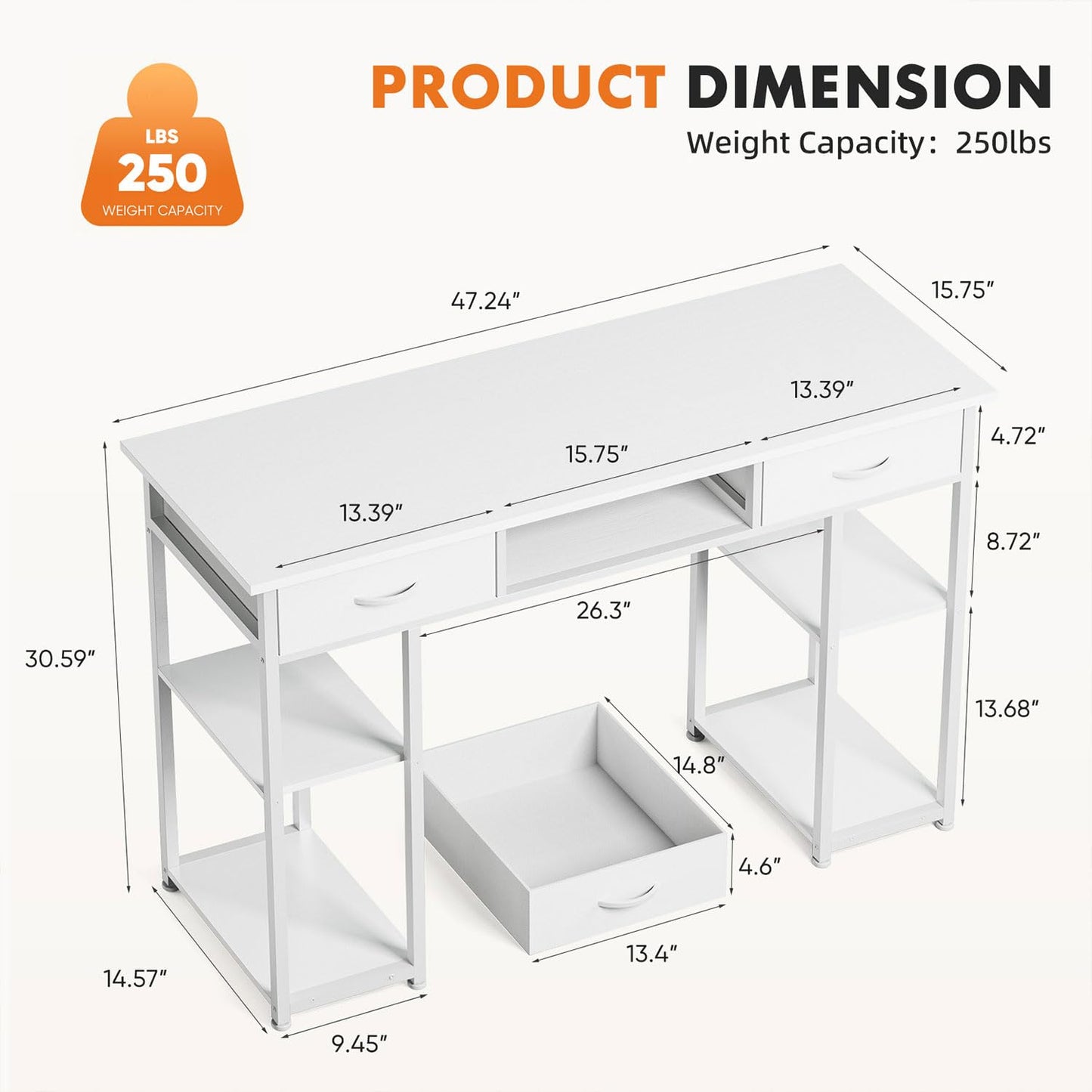 UOCFYK 47 Inch Computer Desk with 2 Drawers, Home Office Desk with Wooden Shelves, Study Writing PC Table for Small Spaces, Bedroom, Dorm or Living Room, White