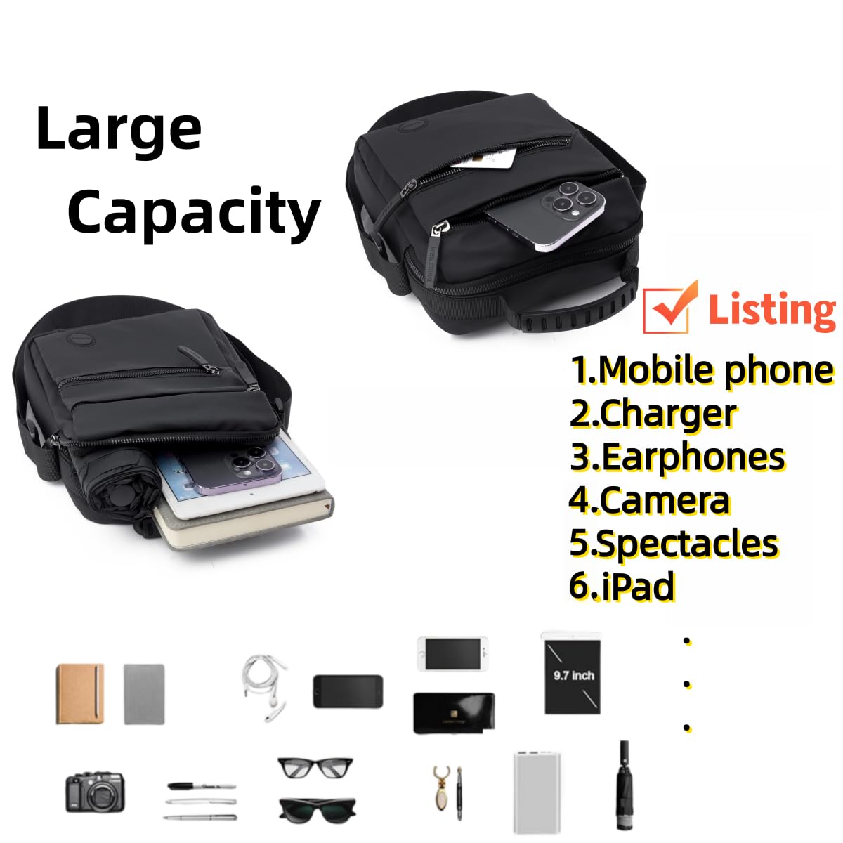 Yowenthra Small Messenger Bag for Men Women,Anti Theft Crossbody Shoulder Bag for Men Adjustable Strap Water Resistant (Black)