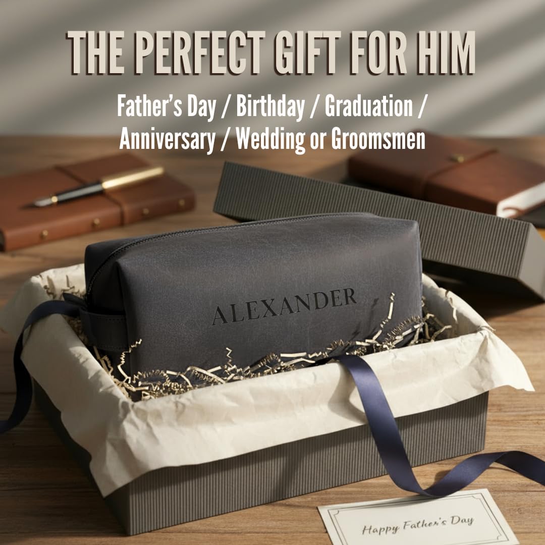GiftShopie Personalized Handmade Genuine Leather Toiletry Bag | Custom Engraved Shaving Dopp Kit with Name, Initial | Travel Pouch for Men, Him, Husband, Dad, Boyfriend | Gift Idea for Groomsmen