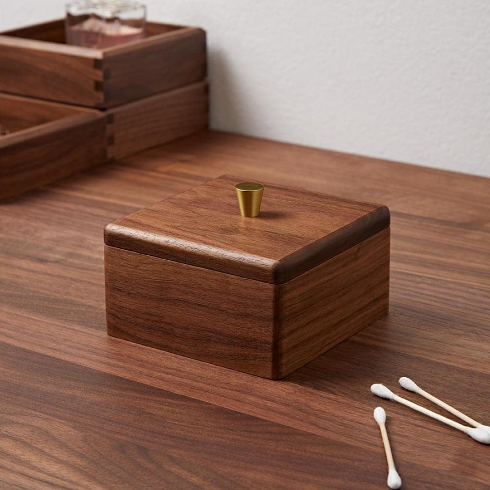 Sizikato Walnut Wood Q-Tip Box with Lid, Bathroom Cotton Swab Dispenser.