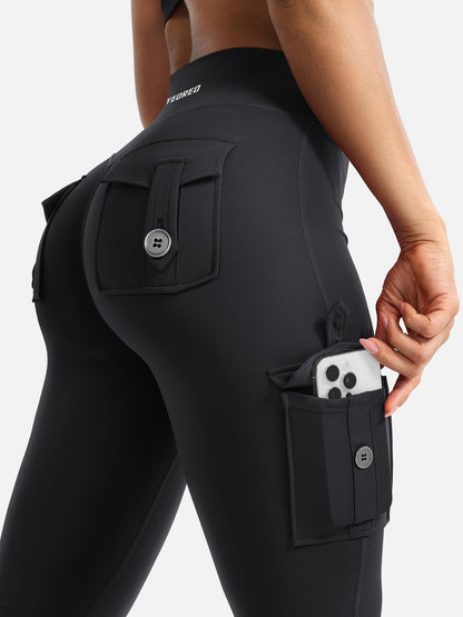 YEOREO CoreFlex Women Workout Flare Leggings with Pockets Hidden Scrunch High Waisted Cargo Gym Yoga Leggings Black XXL