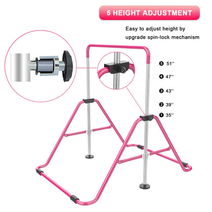 RINREA Gymnastic Bars for Kids with Adjustable Height, Folding Gymnastic Training Kip Bar, Expandable Horizontal Bar for Home (Pink_Mat)