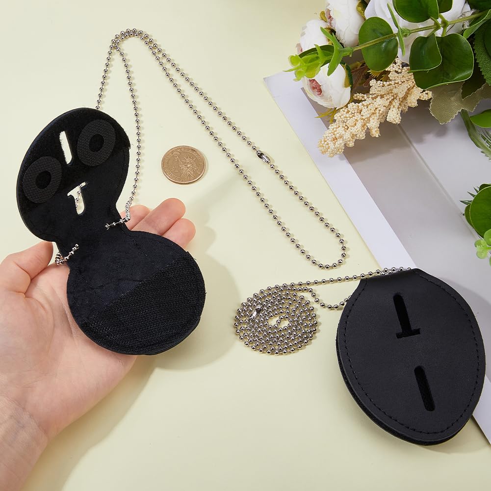 Hobbspring Police Badge Holder Flat Round and Oval Security Badge Holder Leather Universal Badge Holders with Belt Clip and Iron Chain Leather for Law Enforcement Officer