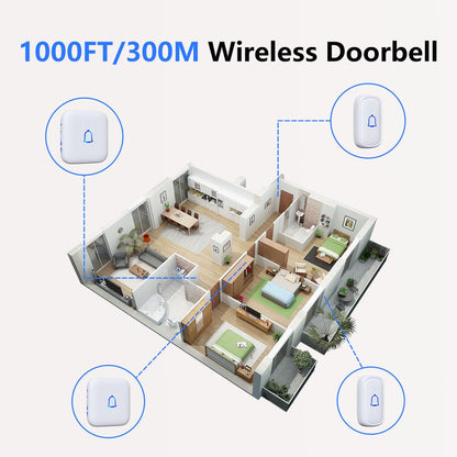 Classroom Doorbell Wireless Doorbell IP66 Waterproof 1000Ft 66 Chimes Mute Mode 115dB 7-Level Vol Loud Electric Door Bells for Home Office Classroom Kids Room Teachers & Hearing-Impaired
