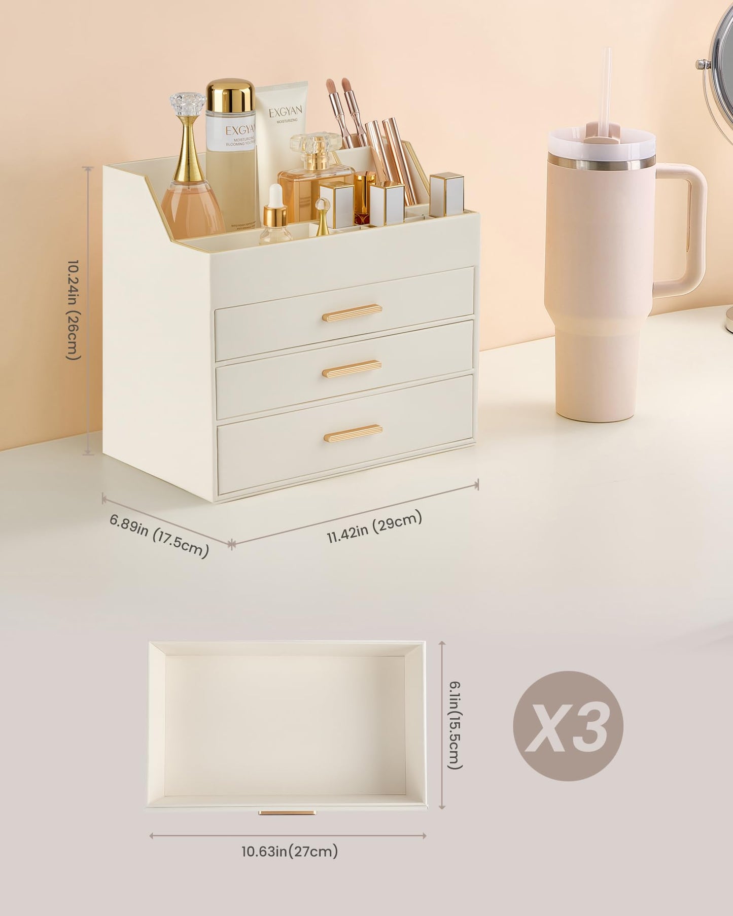 Lolalet Makeup Organizer for Vanity Desk, 4-Layer PU Leather Luxury Make Up Storage Cosmetics Holder Box with Drawers -Beige