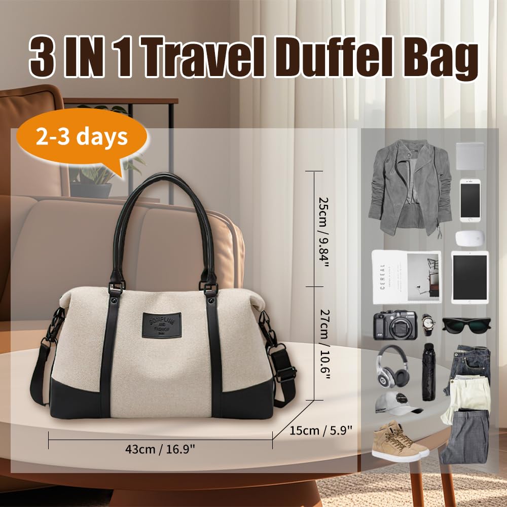 Travel Duffle Bag for Women, Canvas Carry On Weekender Overnight Bags with Wet Pocket, Gym Tote Bag for Business Trip Sports (Beige Black)